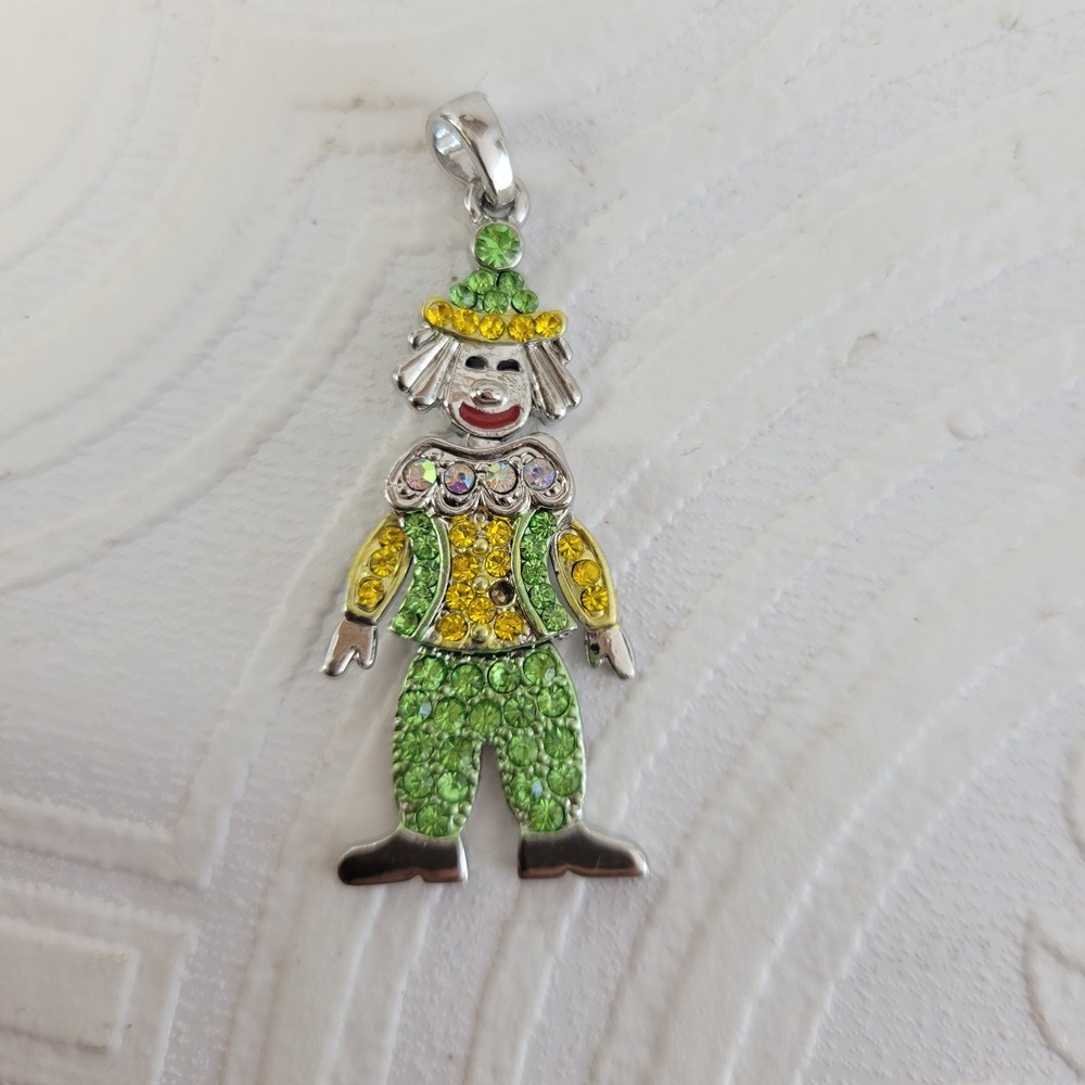 Betsey Johnson Green Yellow Rhinestone Articulated Clown Pendant 2" No‎ Chain